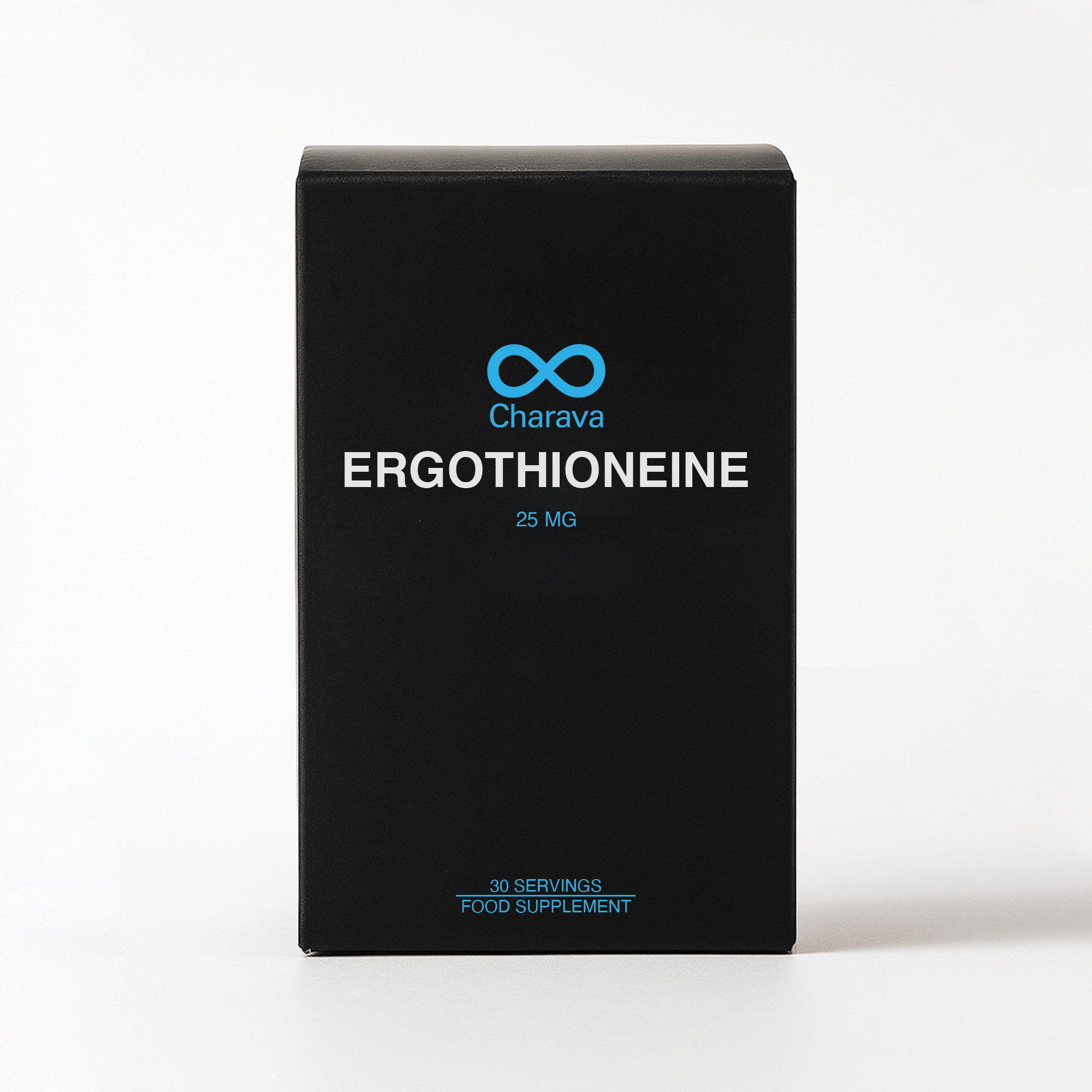 Charava Ergothioneine antioxidant supplement 25mg in amber bottle with black cap, supports longevity, vitality, and cellular health, 30 servings.