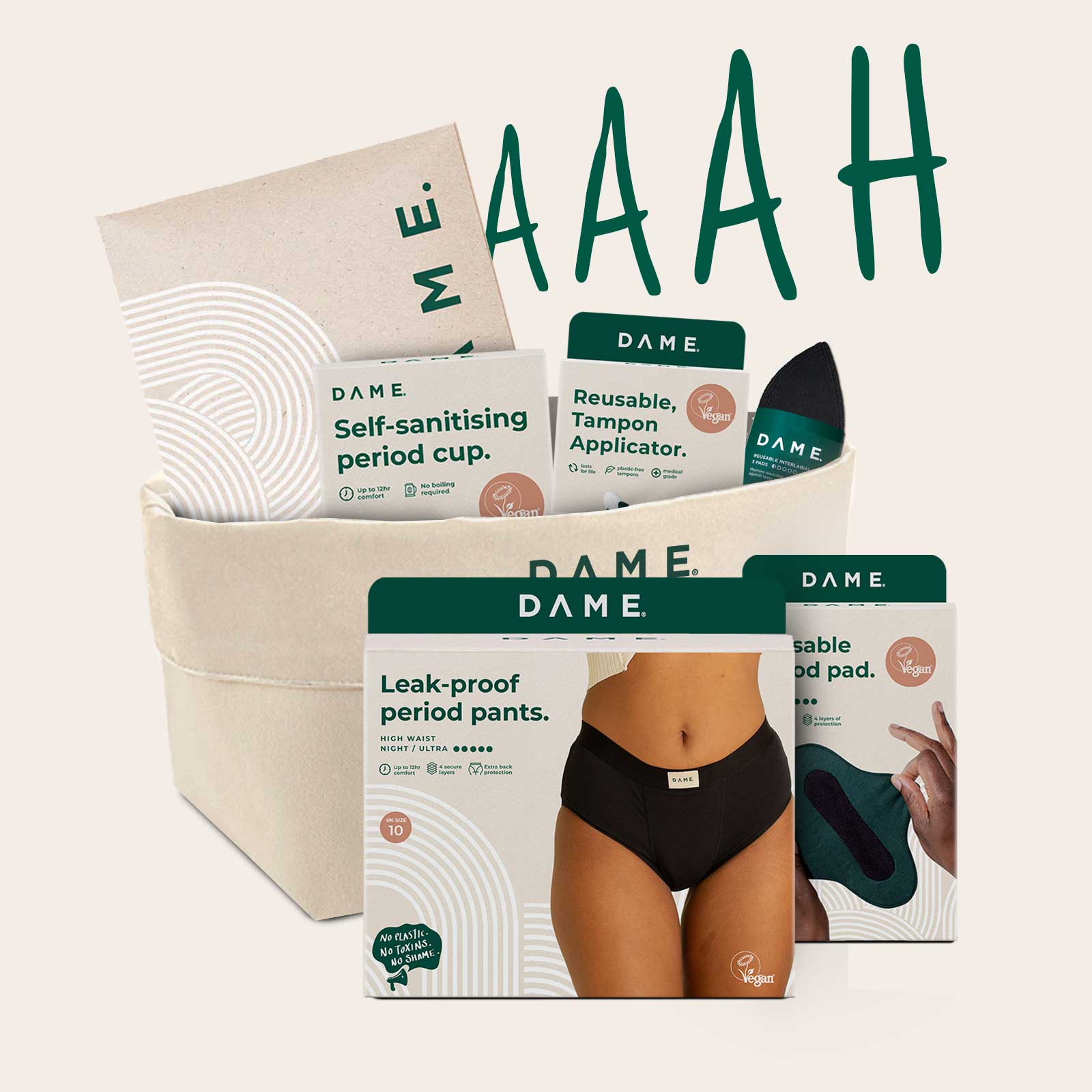 Discover the DAME All-in Period Bundle, featuring a menstrual cup and absorbent period pants for a sustainable, toxin-free period care routine.