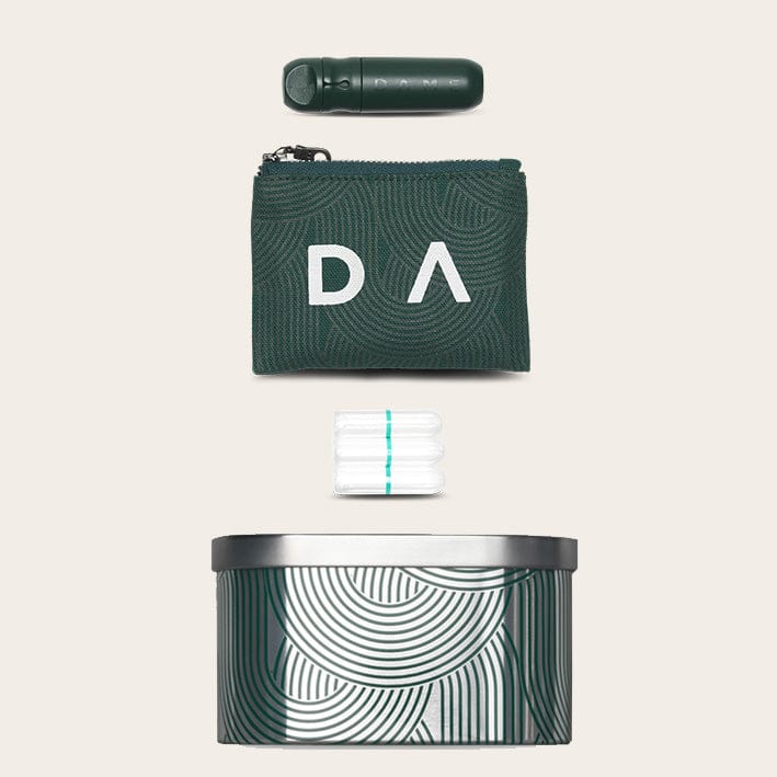 Reusable Tampon Applicator Set for Comfort & Ease | Eco-Friendly, featuring dark green applicator, storage tin, and M.E. zip pouch for sustainable menstrual care.