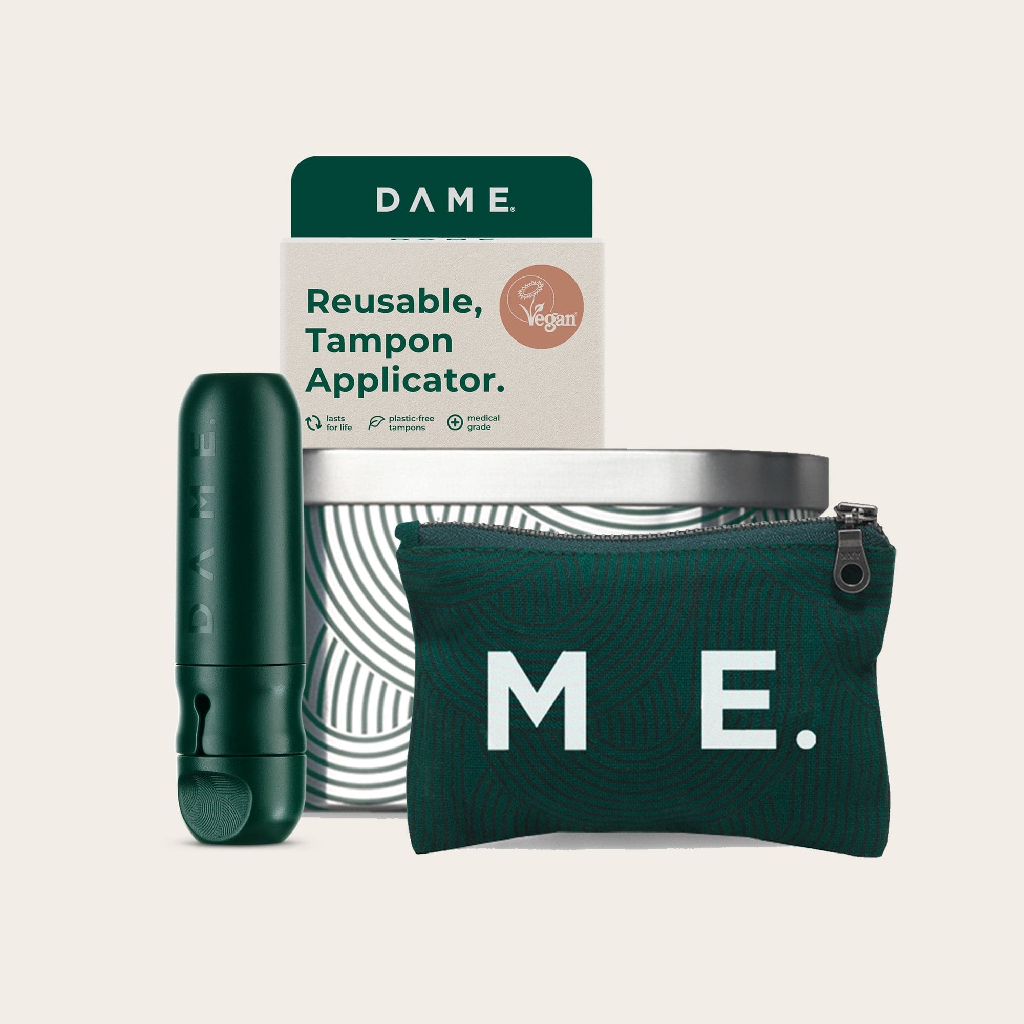 Reusable Tampon Applicator Set for Comfort & Ease | Eco-Friendly, featuring dark green applicator, storage tin, and M.E. zip pouch for sustainable menstrual care.