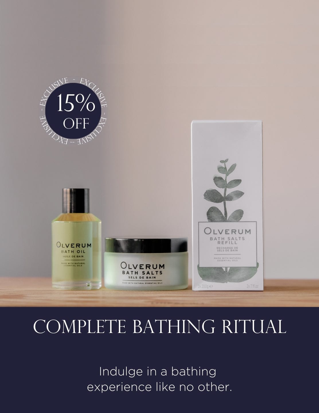 Indulge in the calm bathing ritual set, featuring luxurious bath oil, salts, and refill. Transform your bath into a relaxation sanctuary with Olverum.
