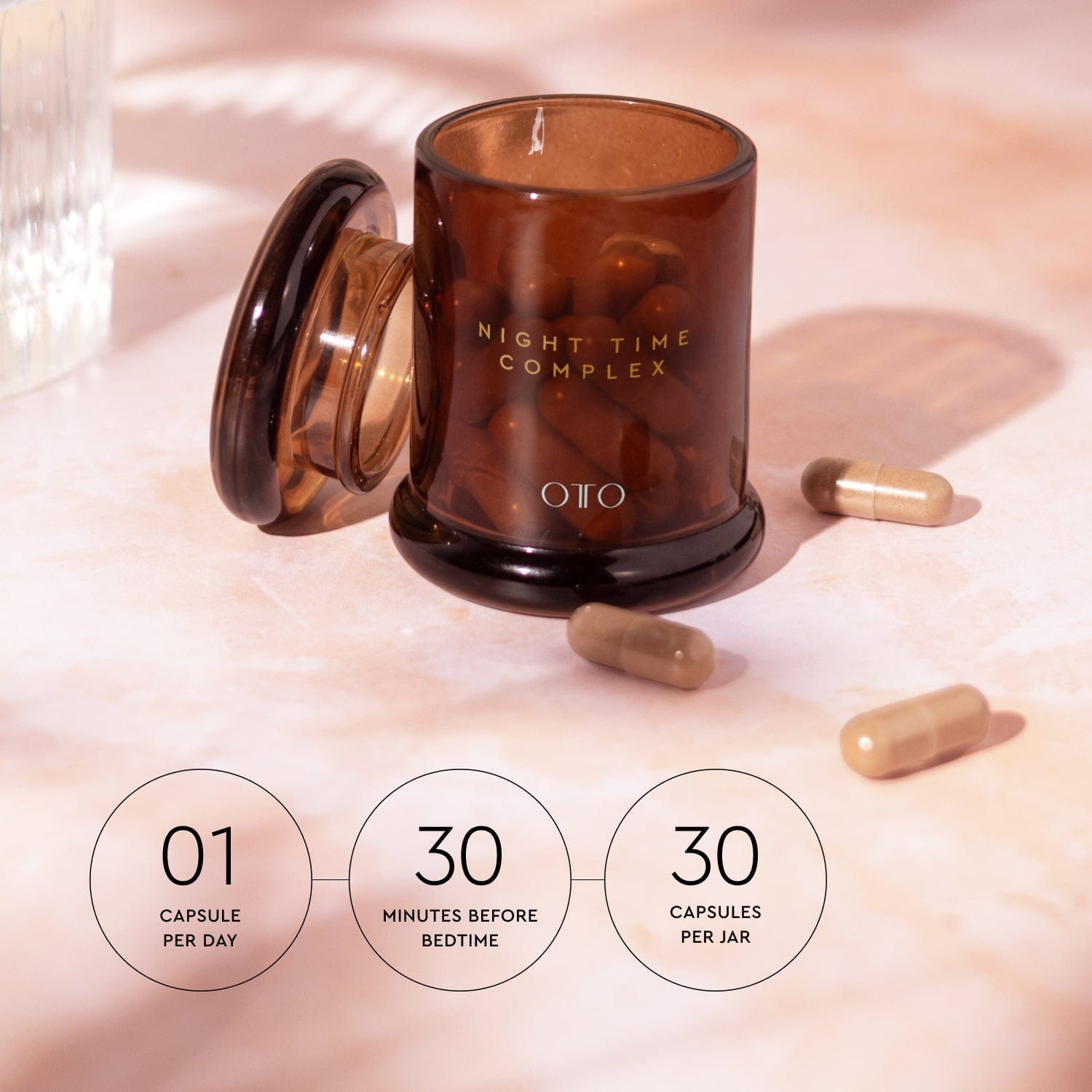 Discover the Night Time Complex, a natural sleep supplement with 9 nootropics and adaptogens for deeper rest. Take one capsule 90 mins before bed.