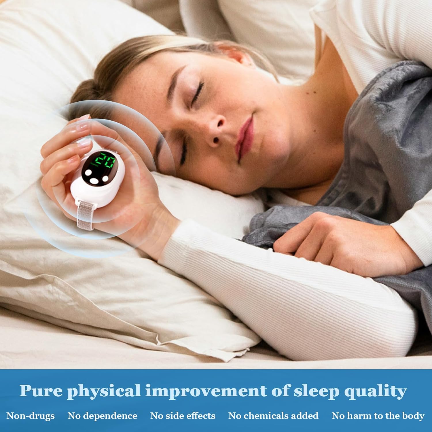 Woman sleeping peacefully while holding the 20-Level Pulse Sleep Aid – USB, Screen & Ion Therapy device, promoting natural sleep improvement. Compact white noise machine with screen display for stress relief and insomnia support.