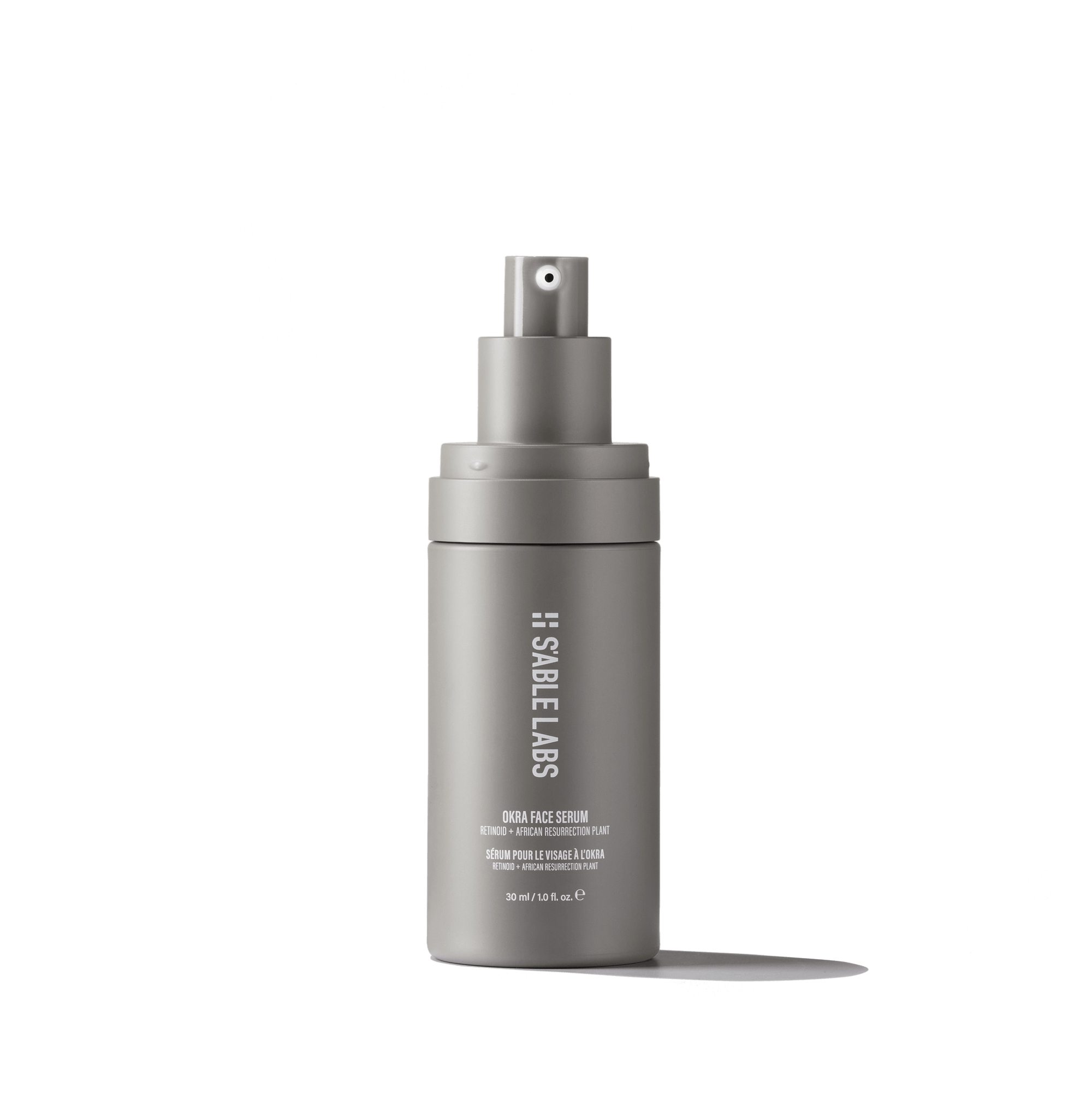 Okra Face Serum by S’Able Labs in sleek grey bottle, a retinoid face serum targeting hyperpigmentation and fine lines for radiant skin.