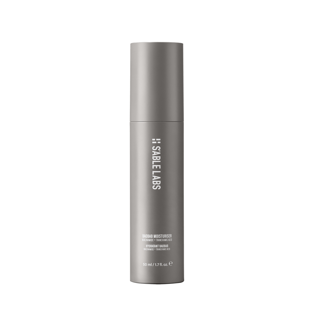 Baobab Moisturizer by S’Able Labs in sleek grey 50ml bottle. Dark spot remover and brightening face cream for deep hydration and even skin tone.