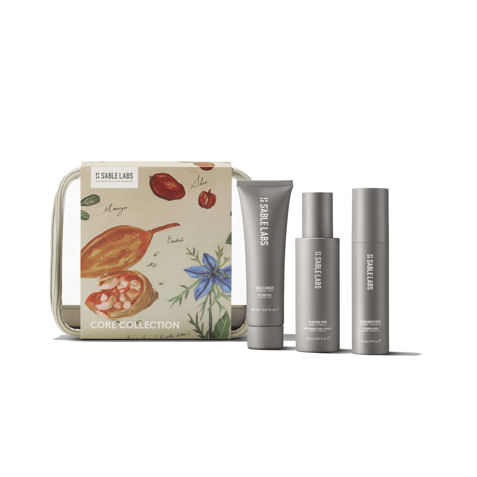 S'ABLE Labs Core Collection Giftset featuring Qasil Cleanser, Black Seed Toner, and Baobab Moisturiser in sleek grey packaging with a botanical-themed box.